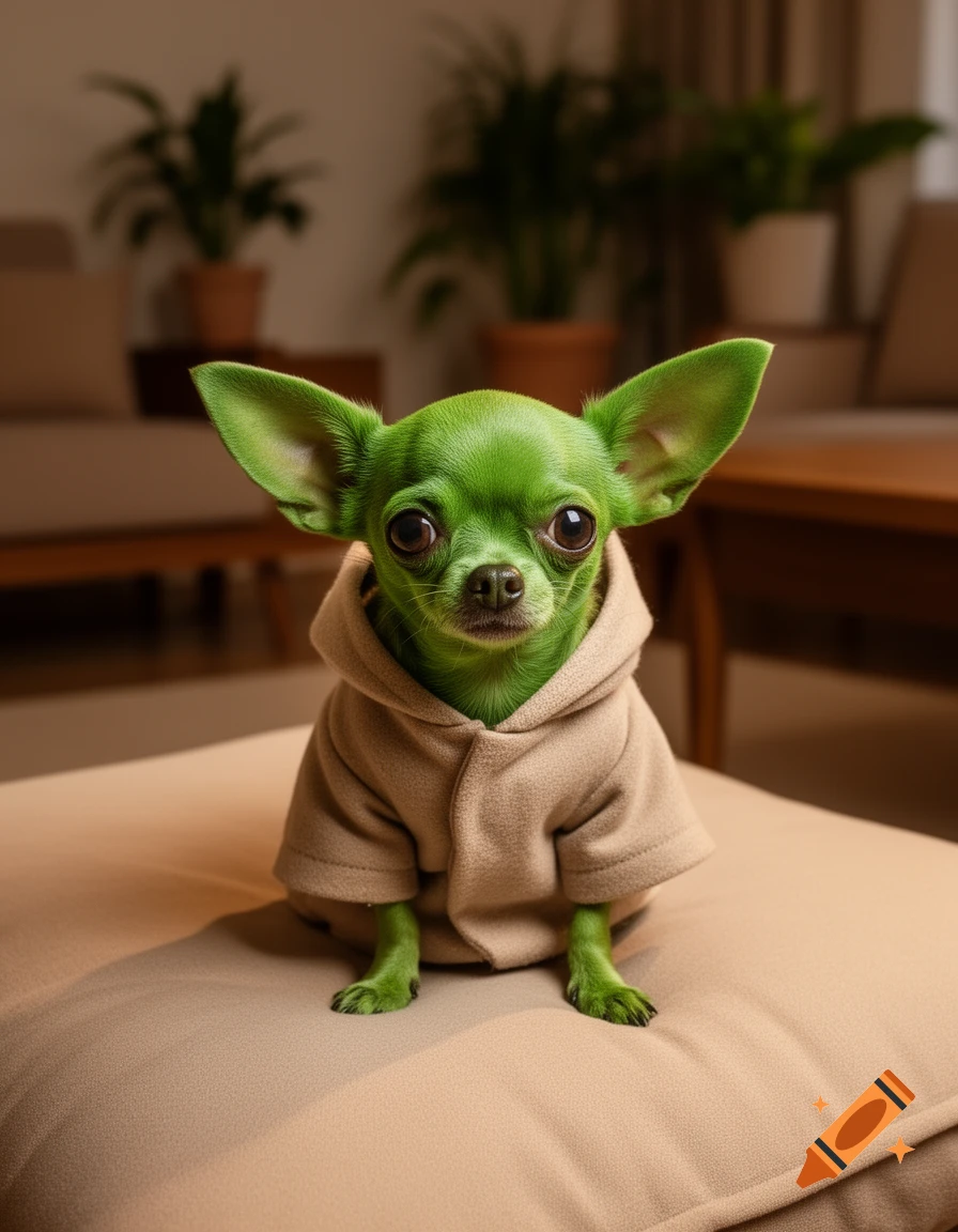 A green chihuahua resembling Yoda, wearing a beige hoodie, sits on a cushion in a living room.