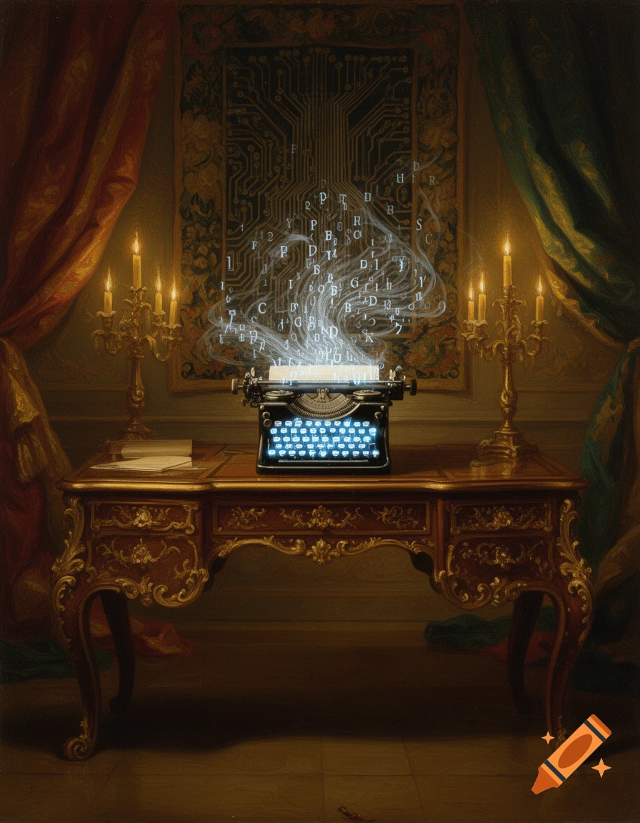 A baroque style oil painting depicts an ornate wooden desk with a glowing, futuristic typewriter emitting luminous letters and numbers into the air, against a tapestry with a circuit board pattern.