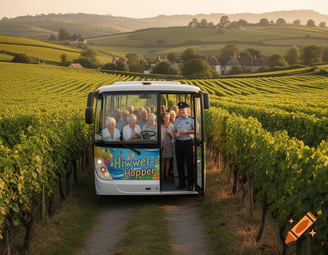 A white 'Hiwwel-Hopper' tour bus with elderly passengers and a driver drives through sunny green vineyards.