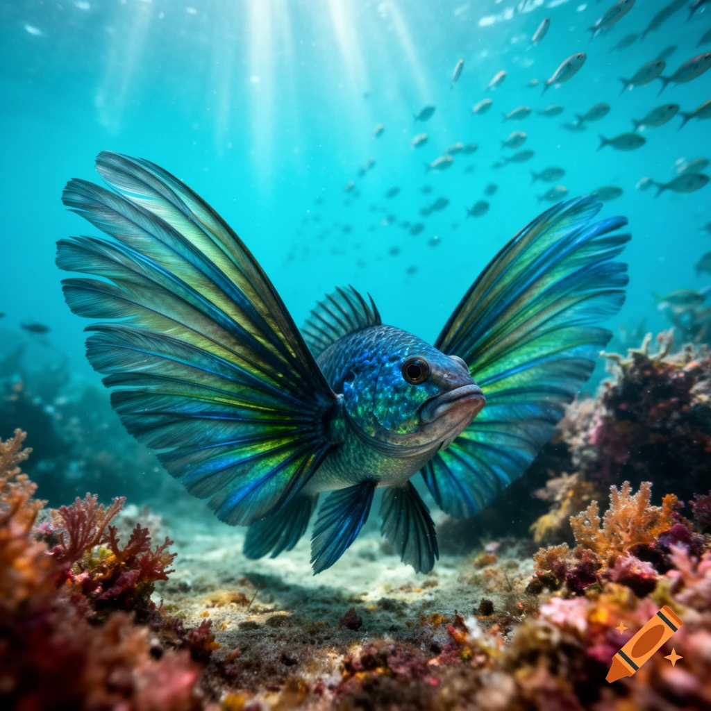 A vibrant blue and green winged fish swims above colorful coral on the ocean floor, with sunlight rays filtering through the water.