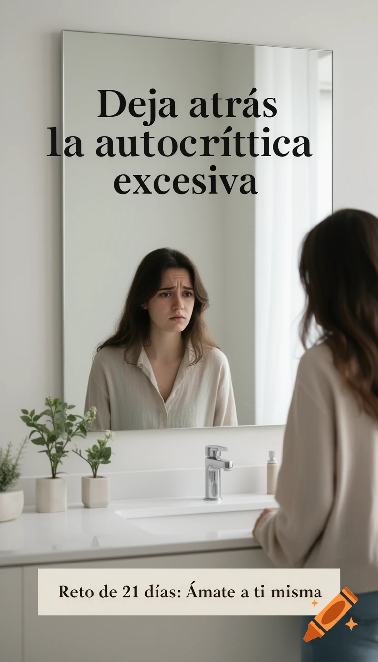 A sad woman looks at her reflection in a bathroom mirror with Spanish text about self-criticism and a 21-day challenge.