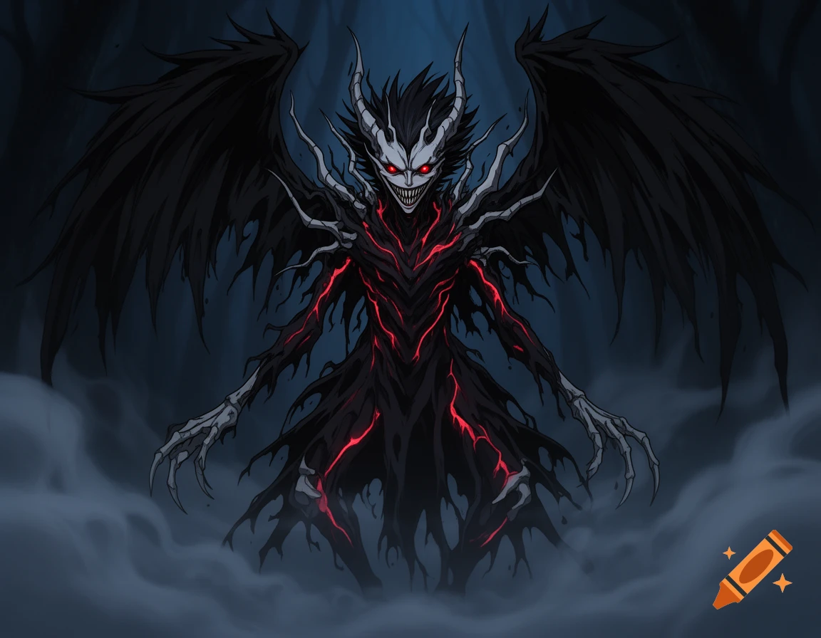 A dark, winged demonic creature with a skeletal face, red eyes, horns, and sharp claws, glowing red patterns on its body, emerging from mist.