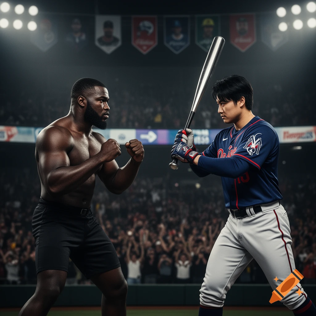 A muscular boxer in shorts faces a baseball player holding a bat in a brightly lit stadium with a cheering crowd.