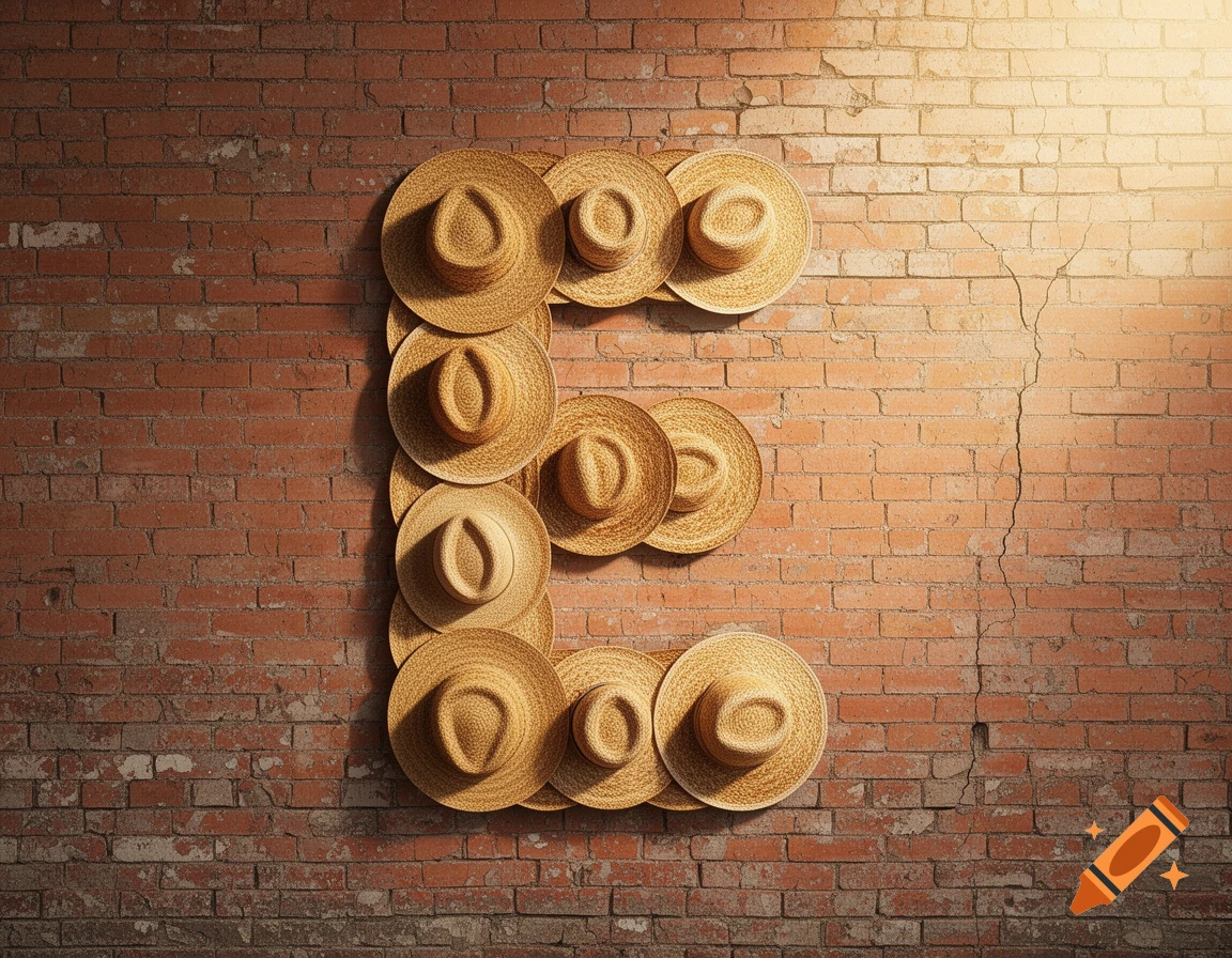 A rustic brick wall with straw hats arranged to form the letter E, bathed in warm sunlight.