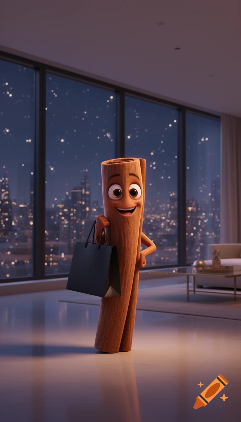 A happy 3D Pixar-style animated cinnamon stick character holding a black shopping bag in a luxury city apartment with a night city view.