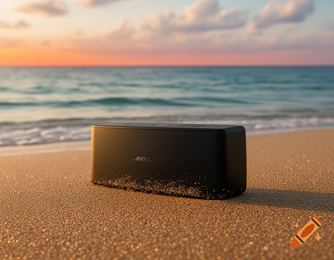 A black Bose Soundlink 2 speaker rests on golden sand at a beach with ocean waves under a colorful sunset sky.
