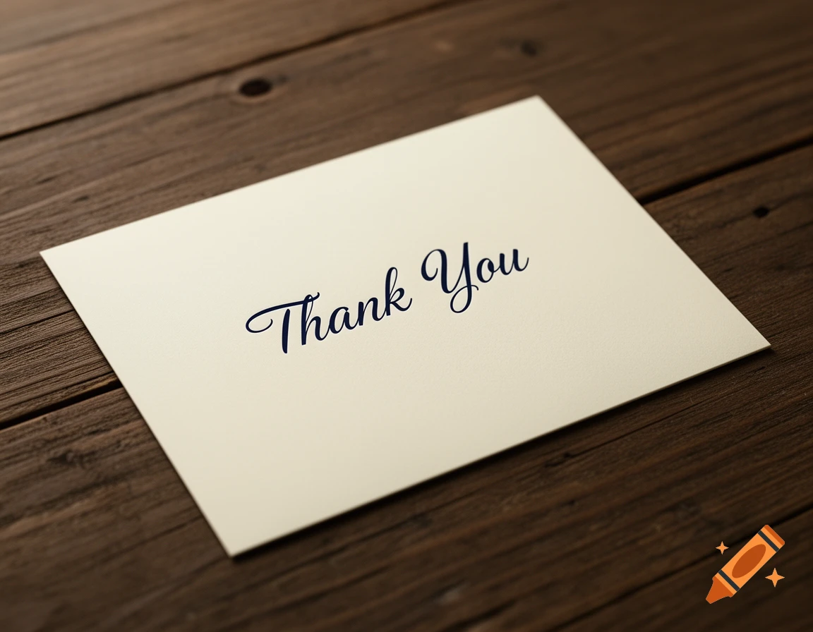 A photorealistic 'Thank You' card with elegant script lettering resting on a rustic wooden table.