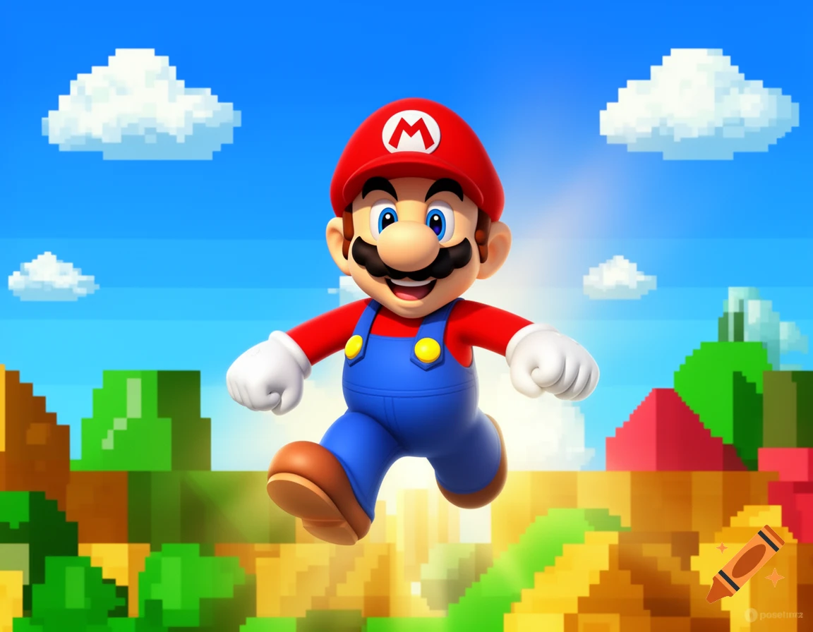 A smiling Mario, wearing a red hat and blue overalls, jumps against a bright blue sky with pixelated white clouds and a pixelated green and yellow landscape.