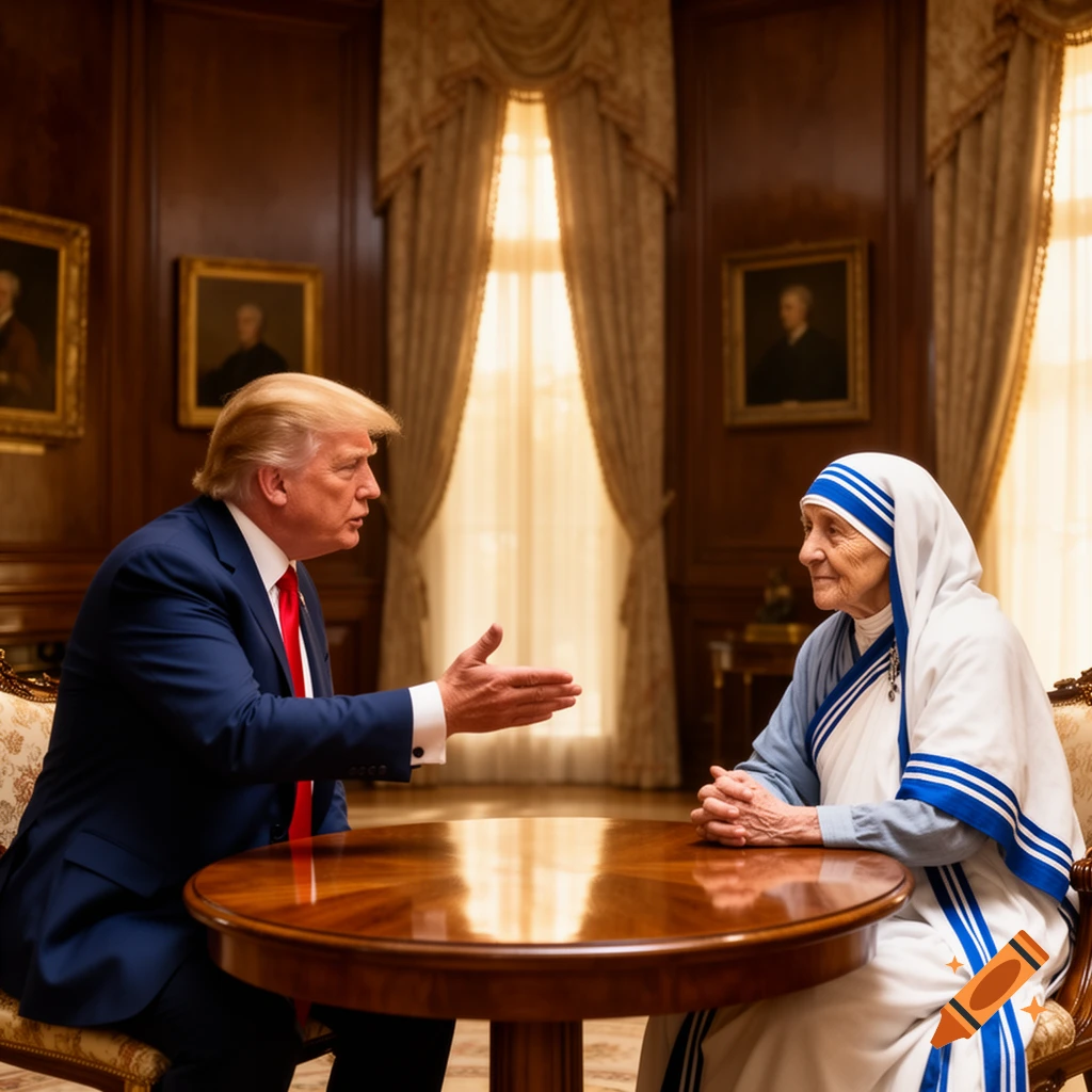 Donald Trump and Mother Teresa sit across a wooden table, talking in a formal, well-lit room.