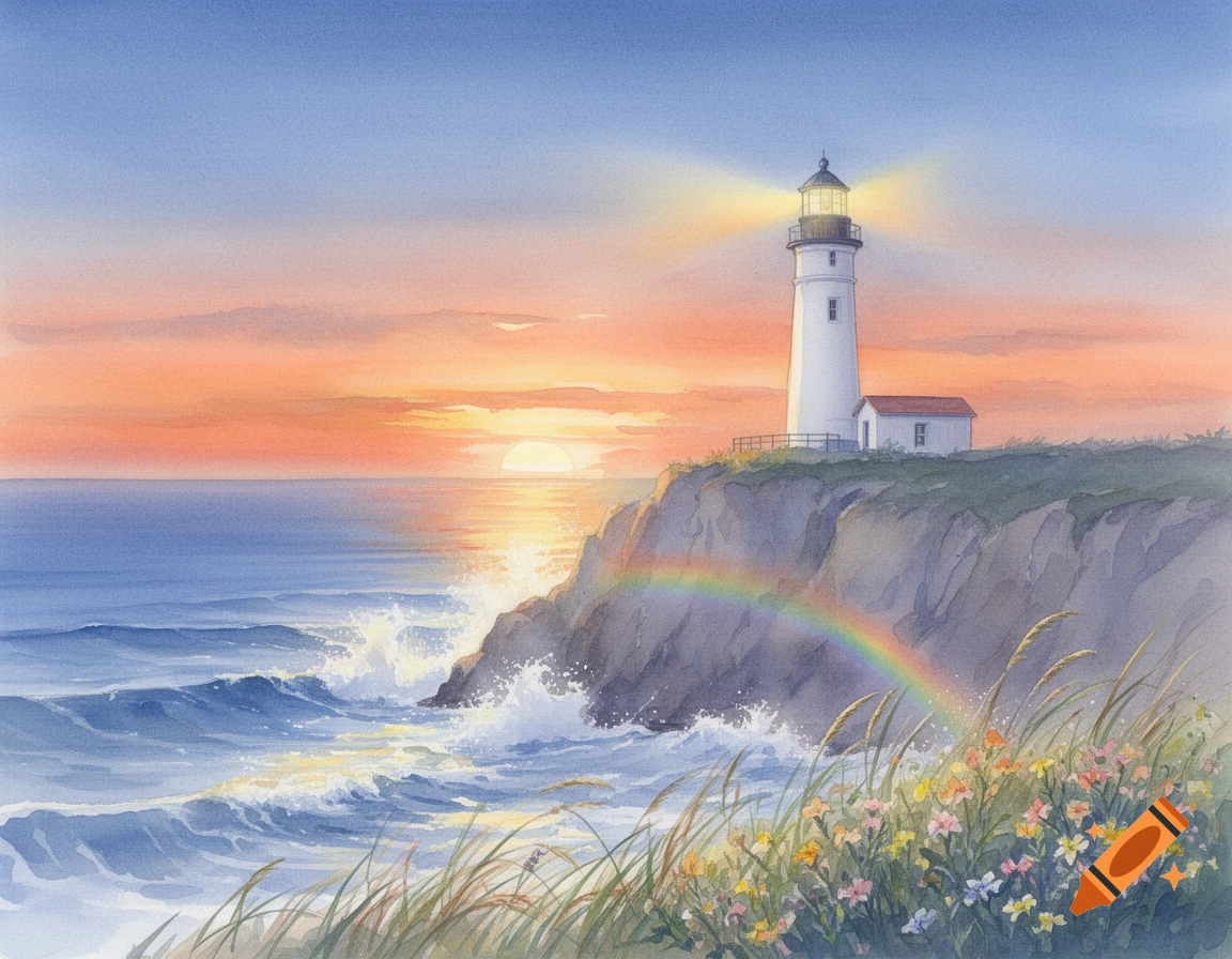 Watercolor painting of a white lighthouse on a cliff overlooking the ocean at sunset with a rainbow and wildflowers.