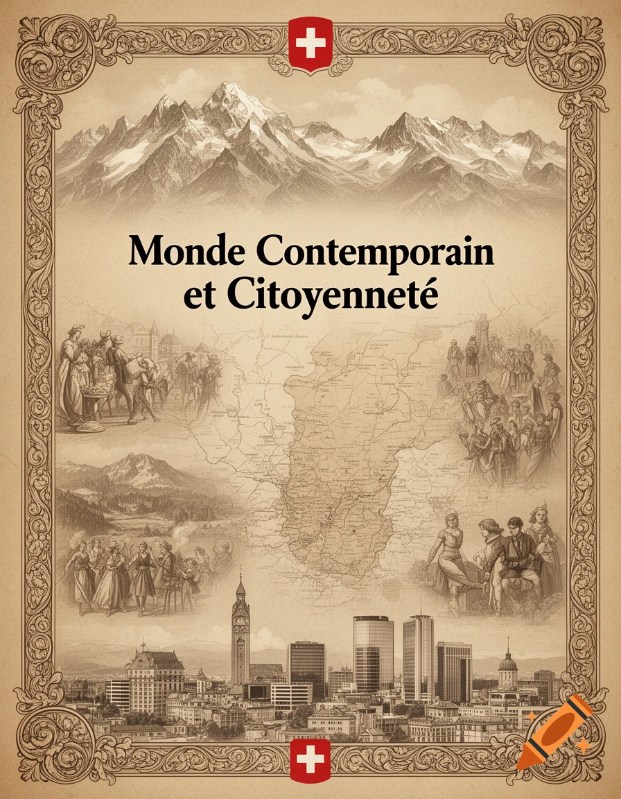 Vintage poster with "Monde Contemporain et Citoyenneté" over Swiss mountains, historical scenes, a map, and a modern cityscape.