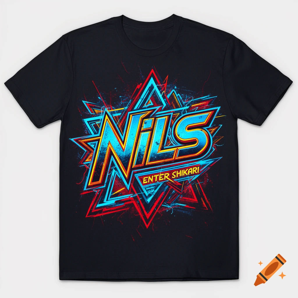 Black t-shirt with a vibrant neon graphic: 'NILS' in blue and yellow, outlined with red and cyan geometric shapes, 'ENTER SHIKARI' below.
