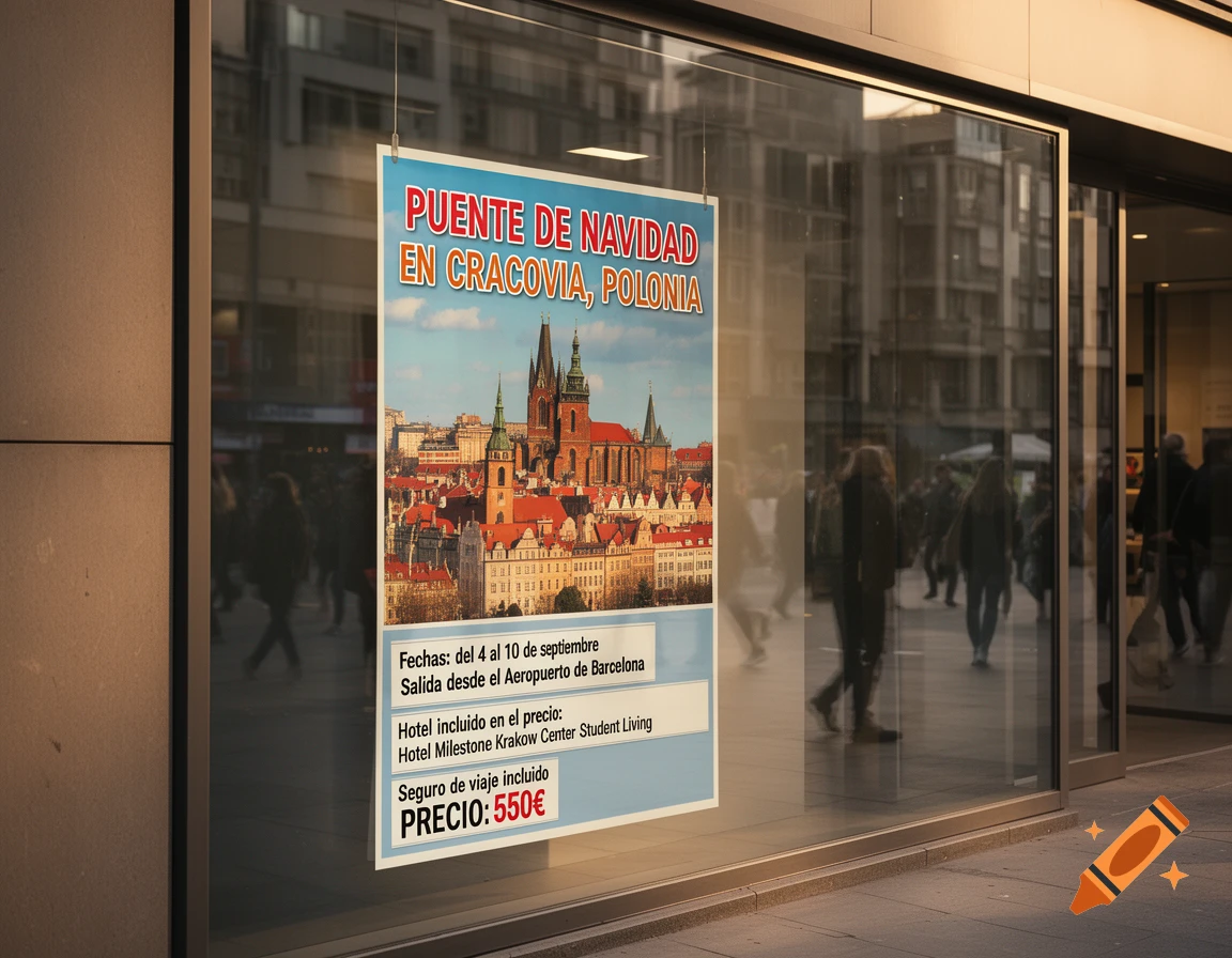 Photorealistic image of a travel poster for Krakow, Poland, displayed in a glass shop window on a city street, with reflections.