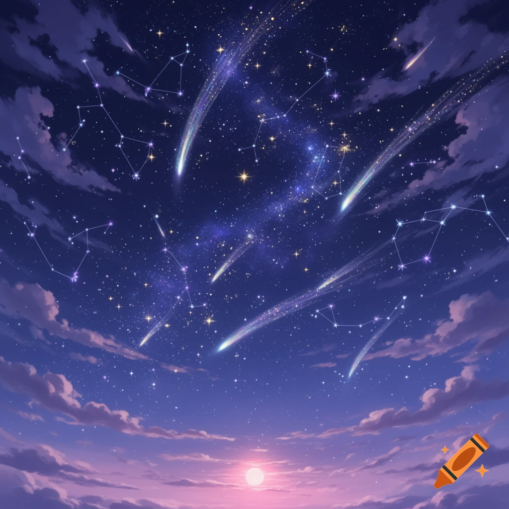 An anime-style night sky filled with shooting stars and constellations, with a glowing sun rising above clouds at the horizon.