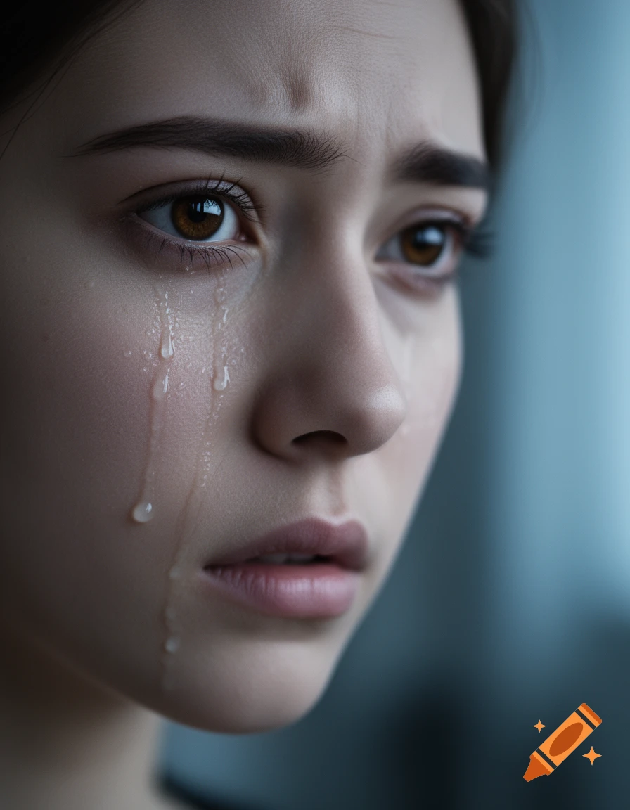Close-up photorealistic portrait of a young woman with brown eyes, crying with tears streaming down her face.