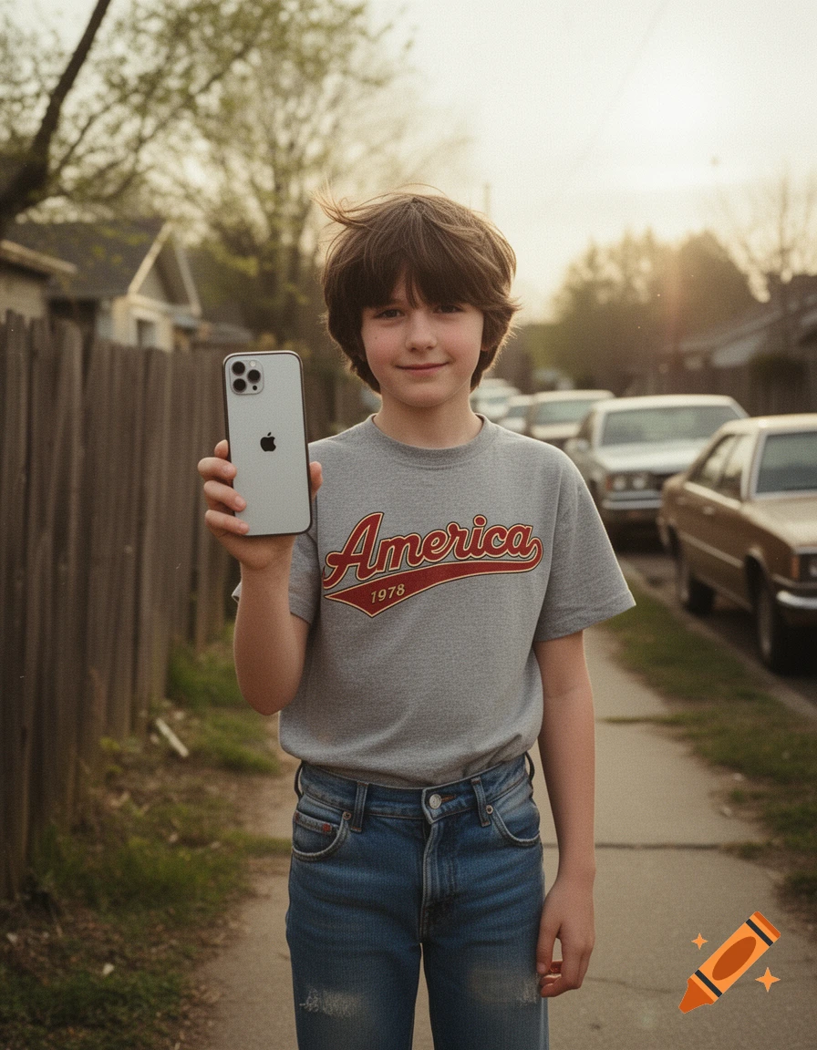 A boy in a gray "America 1978" shirt and blue jeans holds up a silver iPhone on a sunlit sidewalk with cars.