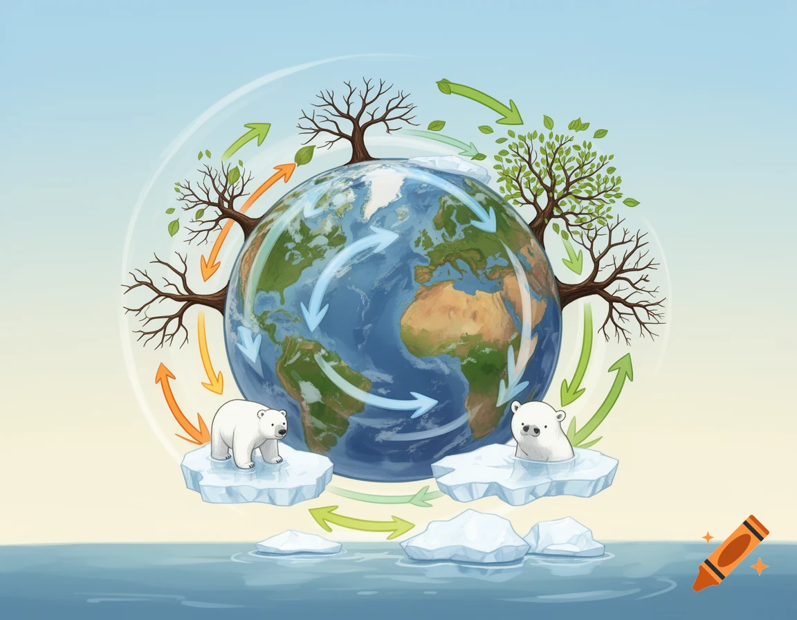 Illustration of Earth with cycles, trees, and polar bears on melting ice, symbolizing climate change.