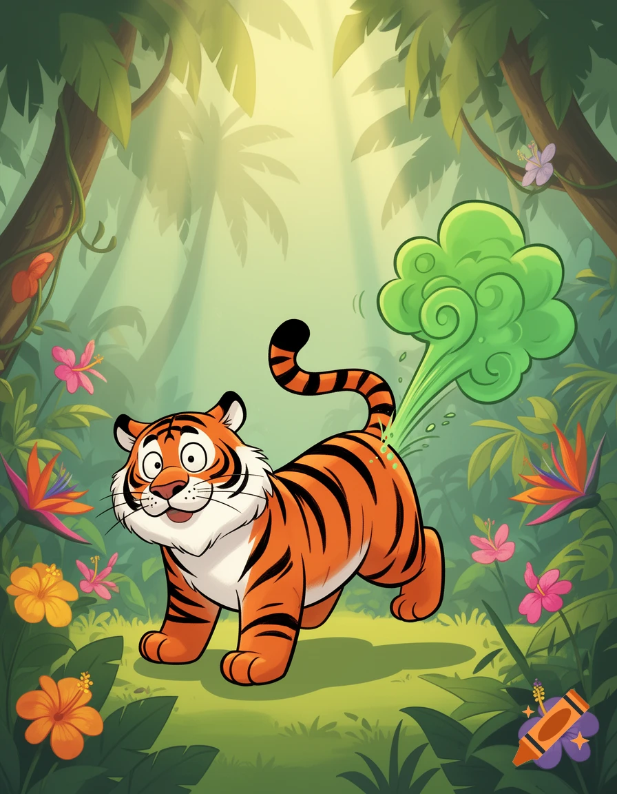 A cheerful cartoon tiger farts a green cloud in a vibrant jungle setting.