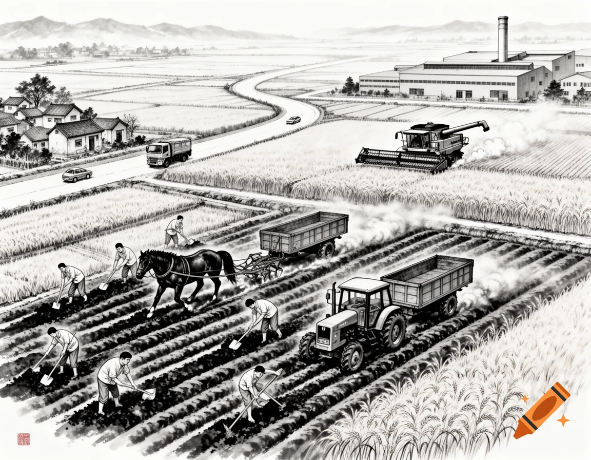Black and white ink drawing of a rural farming landscape. Men dig, a horse plows, tractors work, a combine harvests, with houses and a factory in the distance.