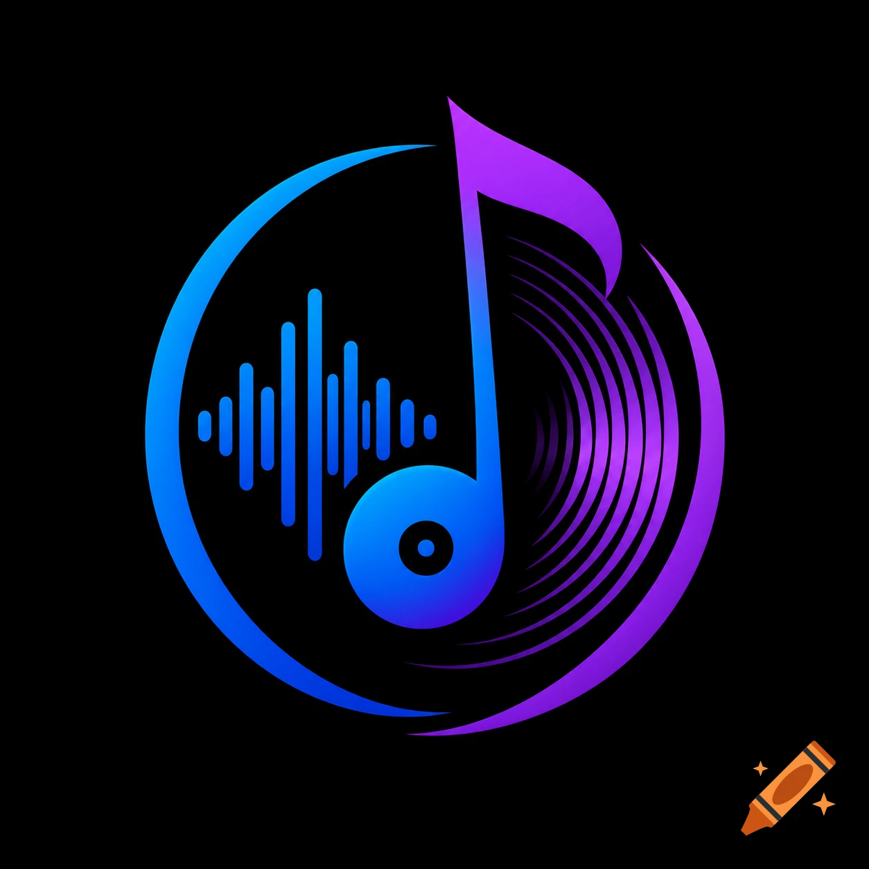 A logo featuring a blue and purple gradient musical note, sound waves, and a vinyl record against a black background.