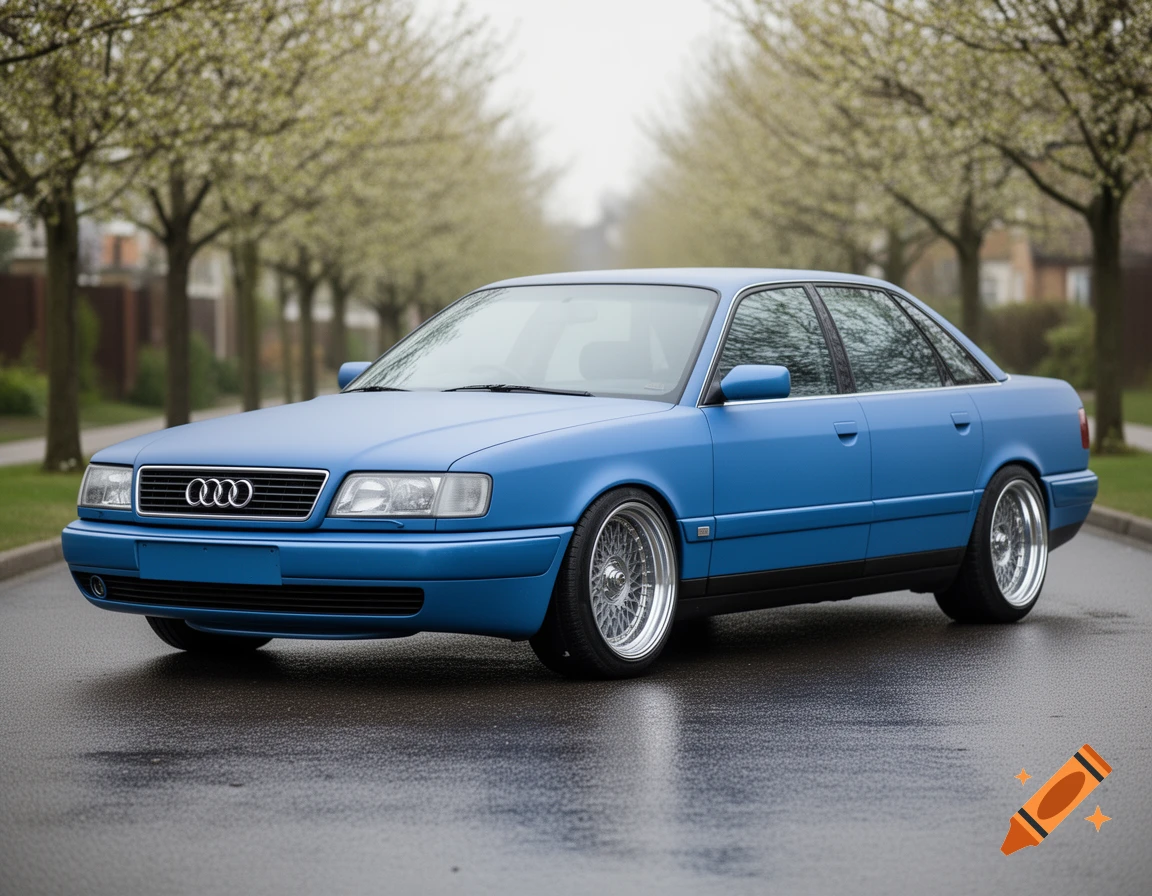 A matte blue Audi sedan with custom wheels parked on a wet street lined with trees.