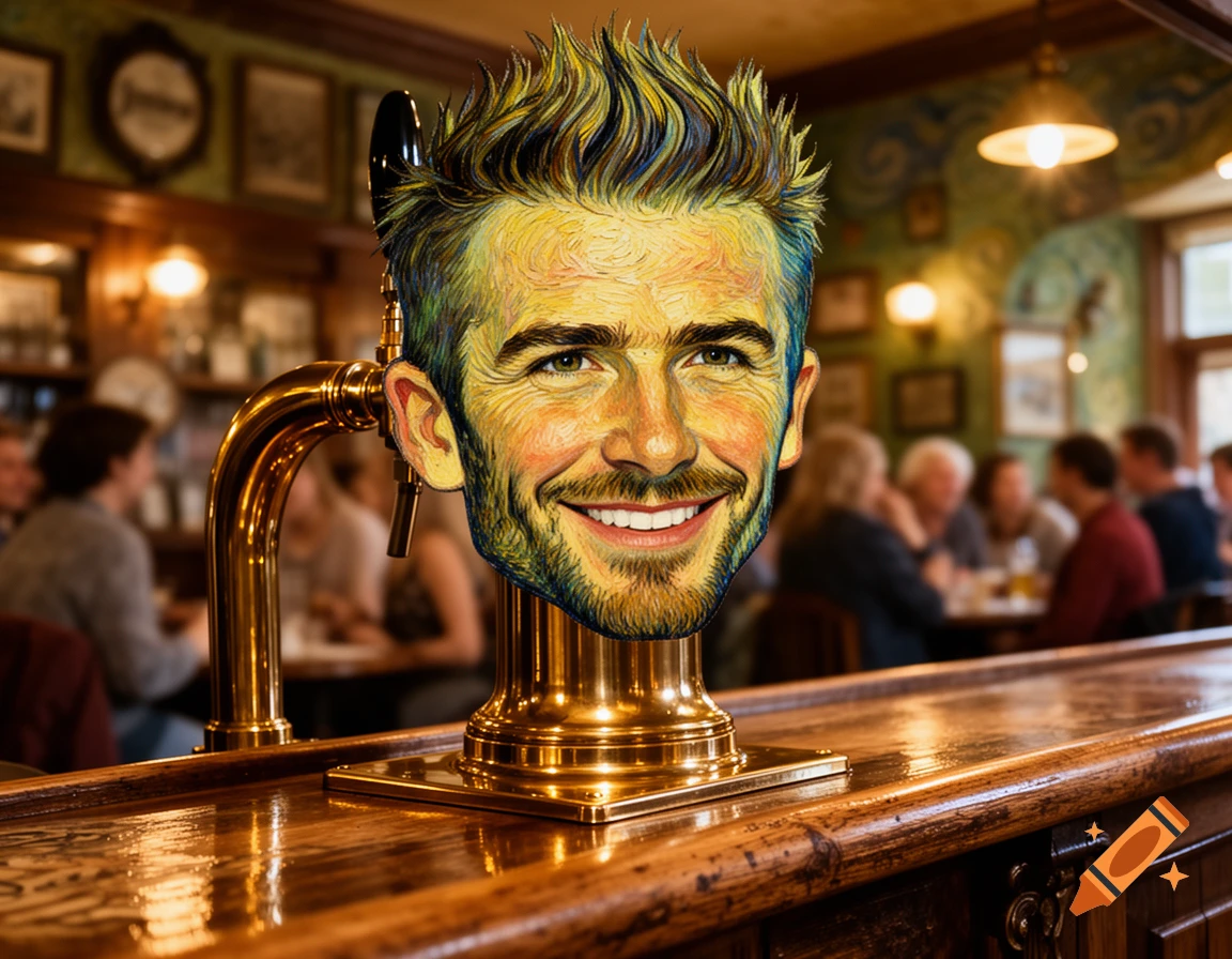 Caricature of David Beckham's face in Van Gogh style on a golden beer tap in a pub.