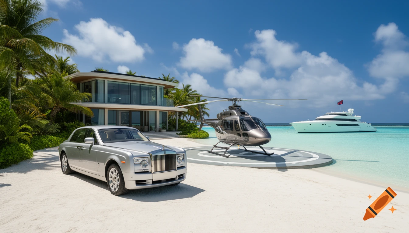 Silver Rolls Royce, helicopter, and modern villa on a white sand beach with a yacht in turquoise water.