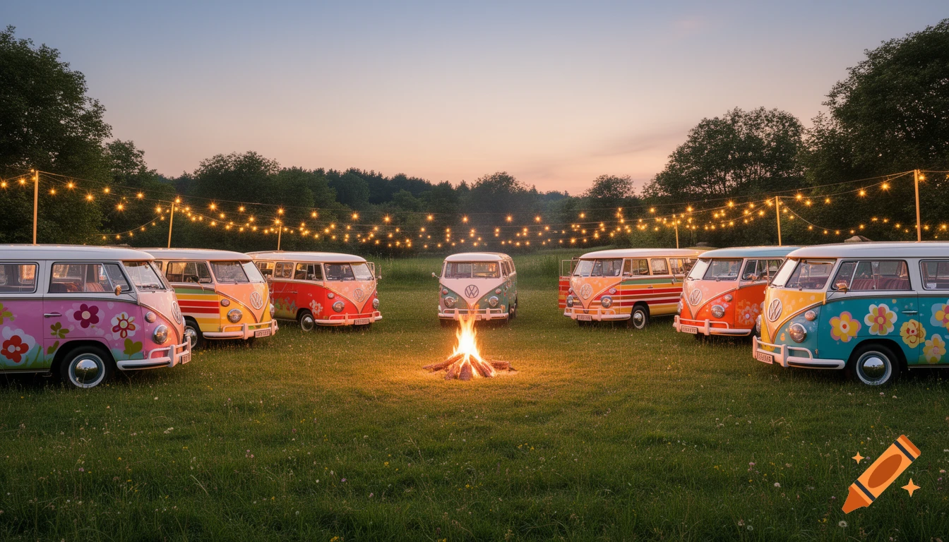 Colorful retro VW camper vans parked in a circle around a campfire under string lights at dusk in a grassy field surrounded by trees.