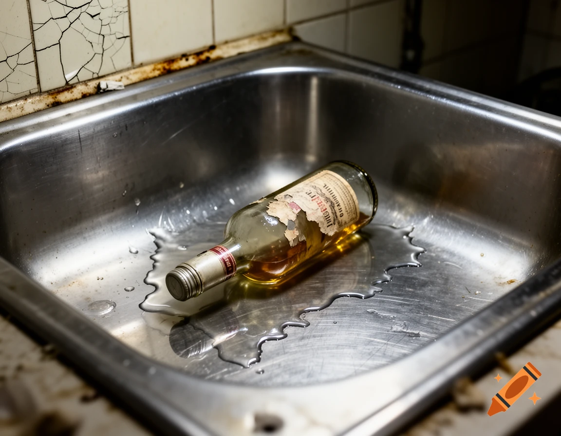 An empty alcohol bottle with a torn label lies in a dented, dirty stainless steel sink, with water spilled around it, under cracked tiles.