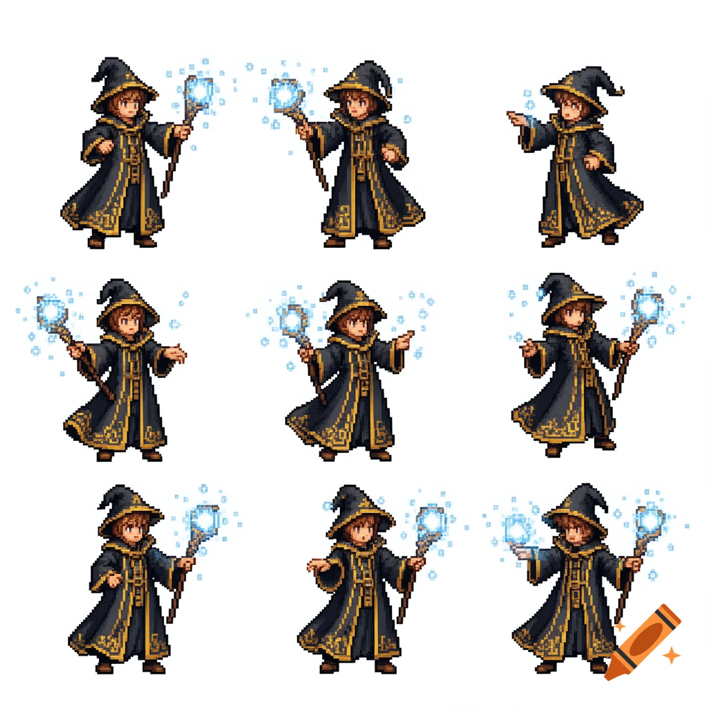 A 16-bit pixel art sprite sheet of a young mage in a dark robe with gold trim, holding a glowing staff, on a white background.
