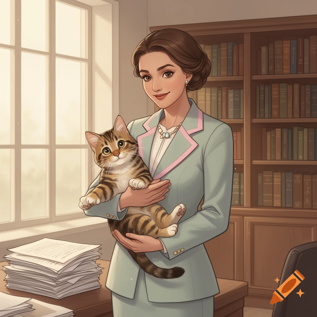 Illustrated woman in a suit holding a tabby kitten in an office with a window and bookshelf.