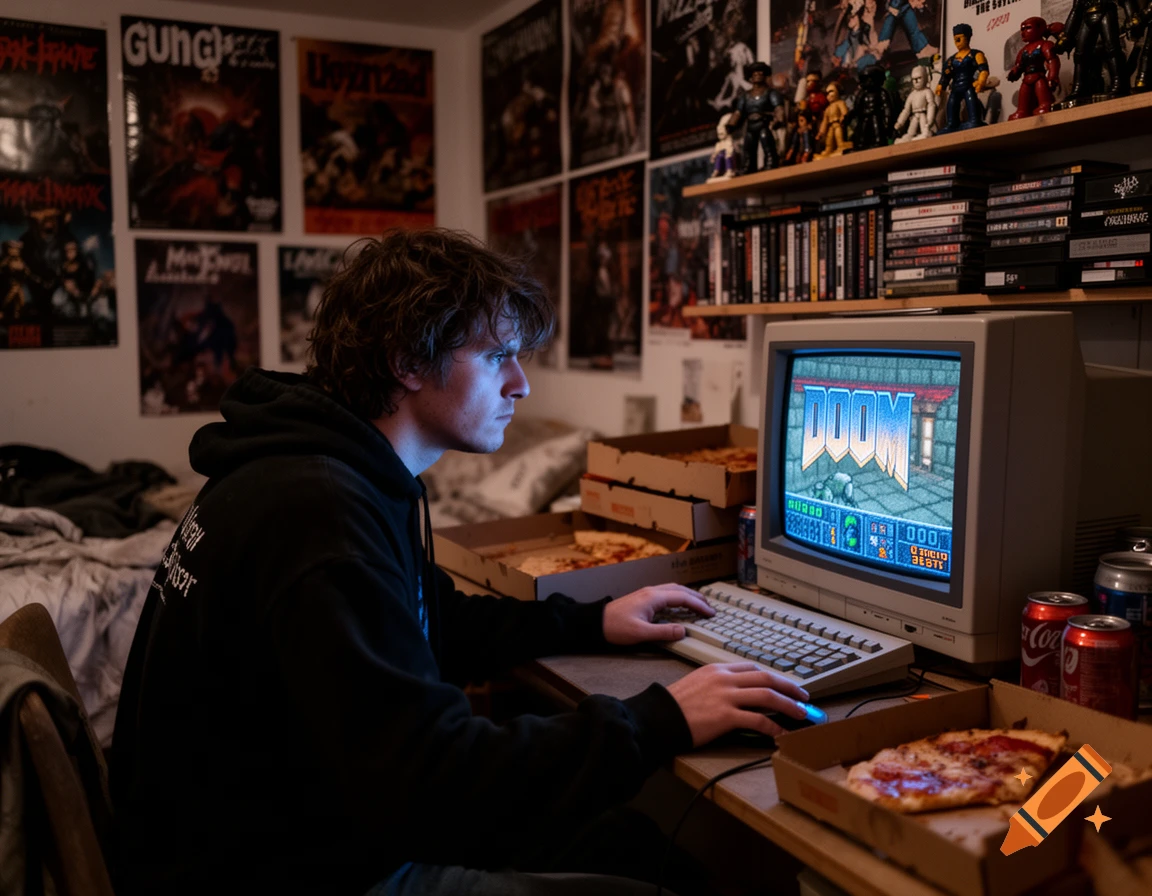 A young man plays Doom on a retro computer in a cluttered room with posters, pizza, and soda.