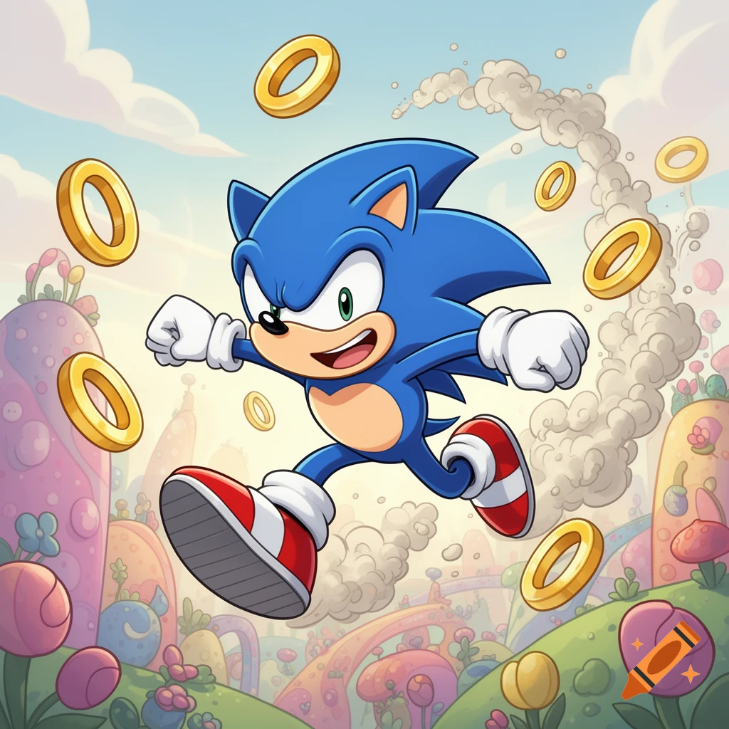 Sonic the Hedgehog runs through a colorful, whimsical cartoon landscape, surrounded by golden rings and a trail of smoke.