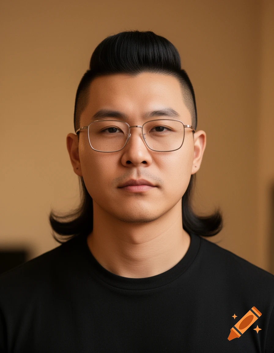 Close-up portrait of an Asian man with a modern mullet haircut and square glasses, wearing a black t-shirt.