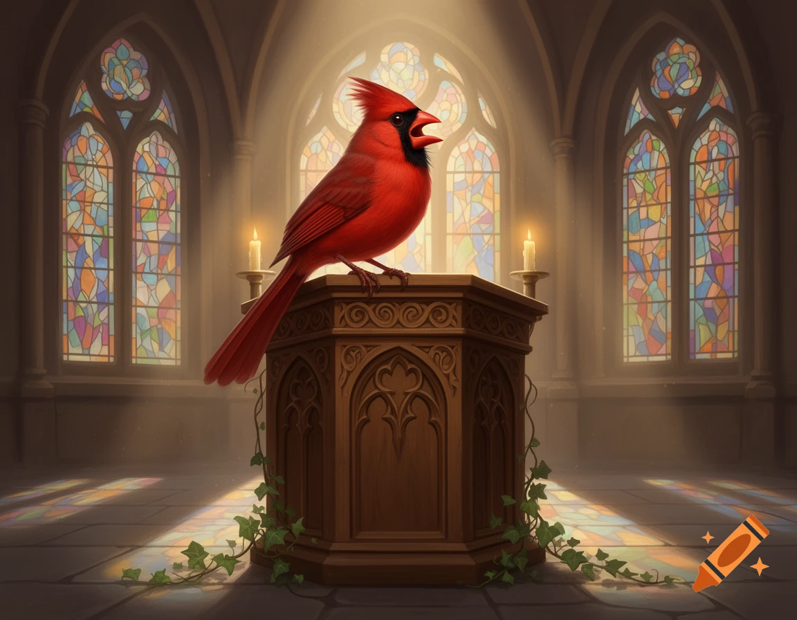 A vibrant red cardinal bird with an open beak stands on an ornate wooden pulpit in a sunlit church, bathed in light from colorful stained glass windows.