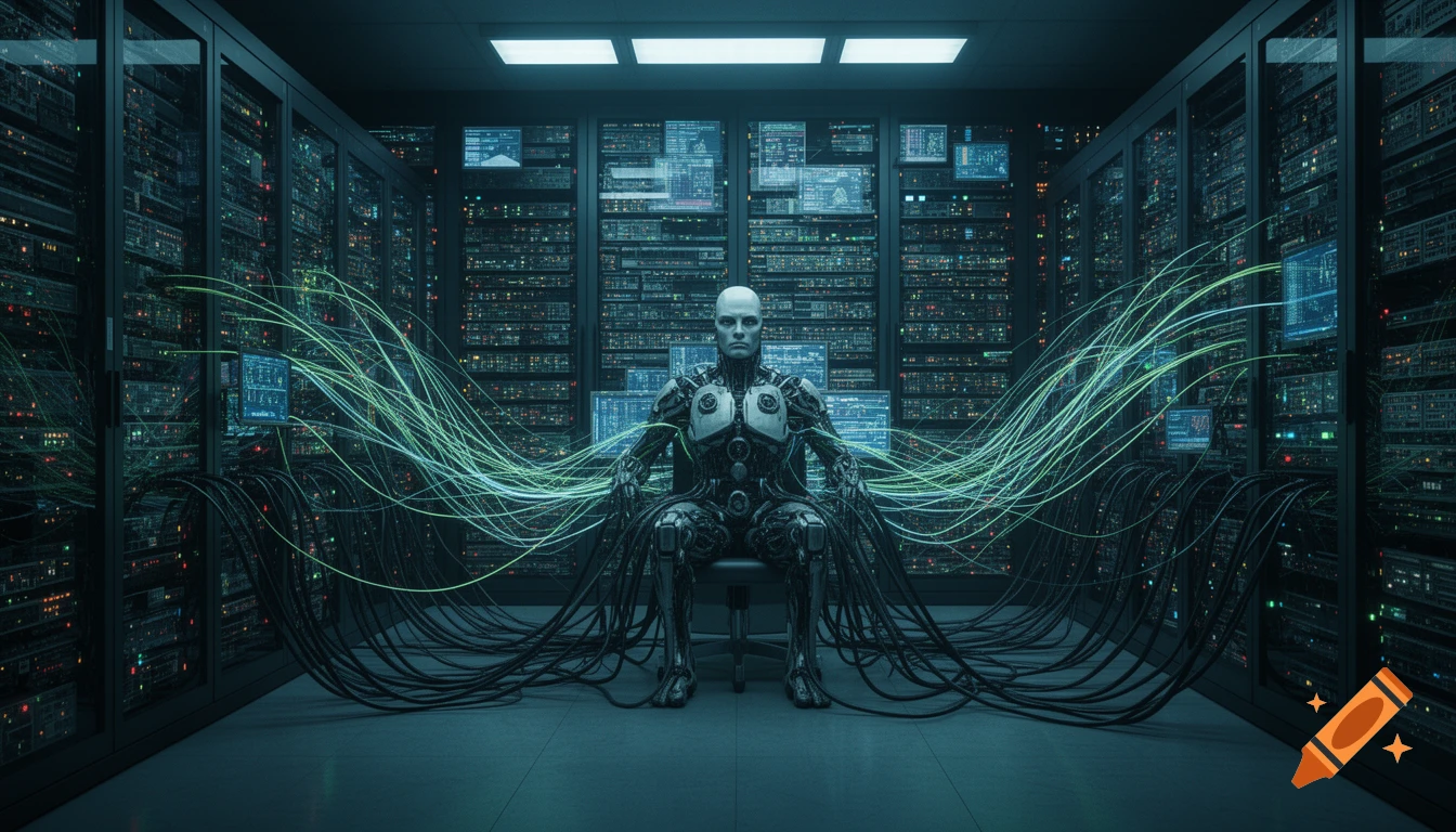 A bald, cyborg-like figure sits in a chair in a dark server room, connected by green glowing cables to server racks with numerous screens displaying data.