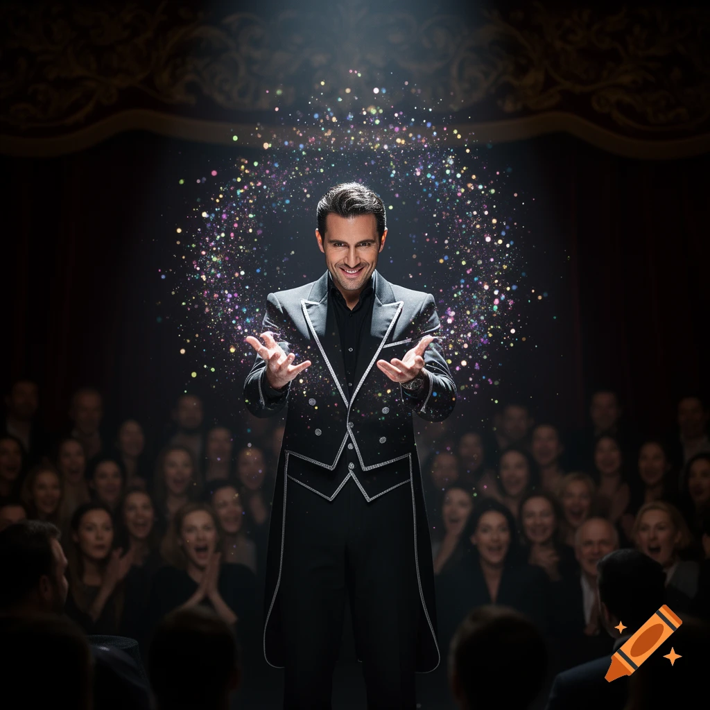 A smiling magician in a tailcoat performs on stage, conjuring sparkling glitter above his outstretched hands to an amazed audience.