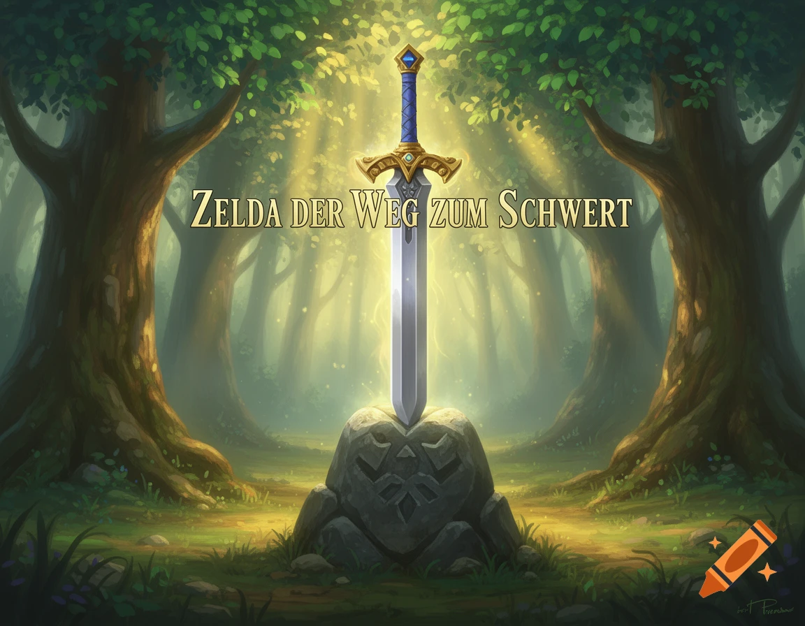 A glowing sword, similar to the Master Sword, stands in a rock pedestal in a mystical forest with sunbeams. Text reads 'Zelda der Weg zum Schwert'.