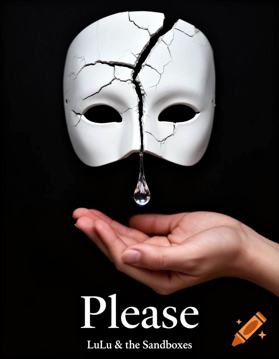 A cracked white mask with a crystal tear falling into an outstretched hand, against a black background. Text reads 'Please' and 'LuLu & the Sandboxes'.