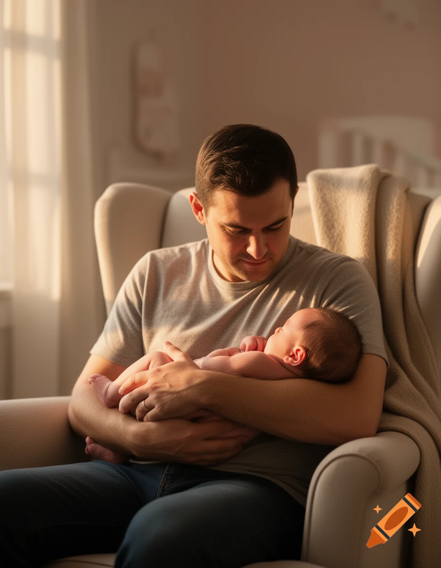 A man gently holds a sleeping newborn baby in a chair, illuminated by warm sunlight.