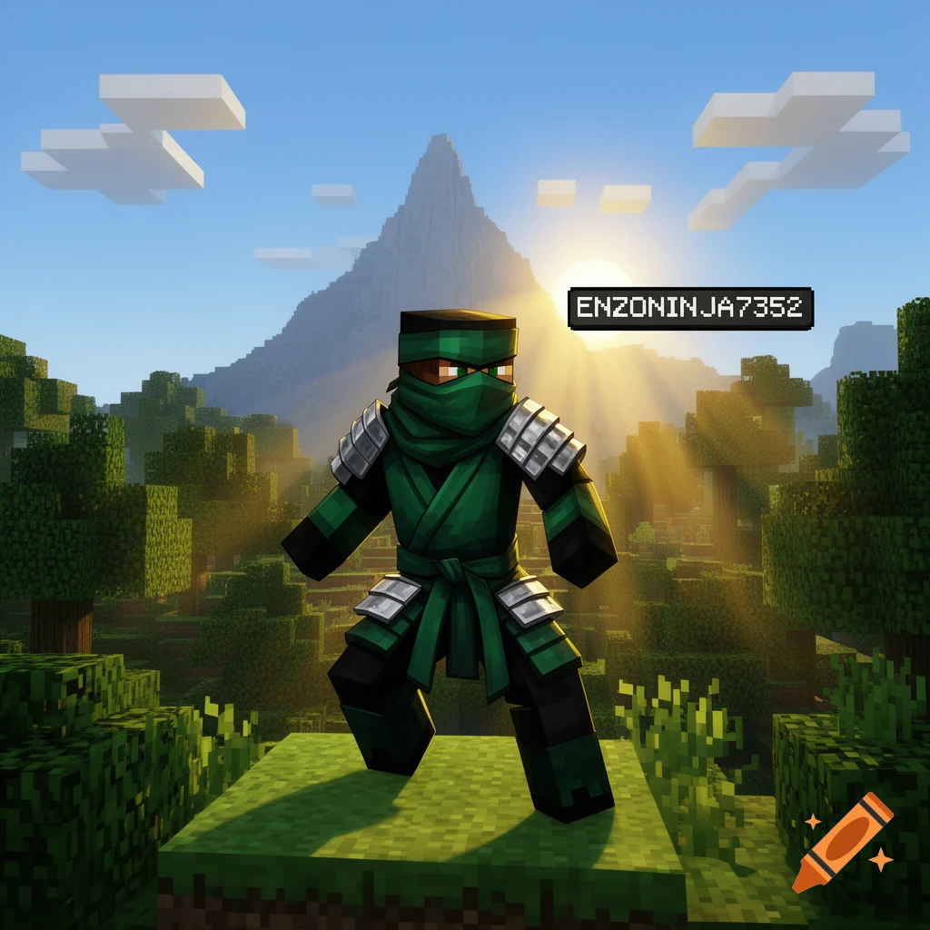 A Minecraft-style character dressed as a green and black ninja with silver shoulder pads stands in a blocky forest landscape under a sunny sky, with 'ENZONINJA7352' floating above.