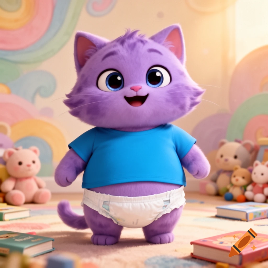 A fluffy purple cartoon cat character with big blue eyes, wearing a blue t-shirt and white diaper, stands in a colorful child's room with toys and books.
