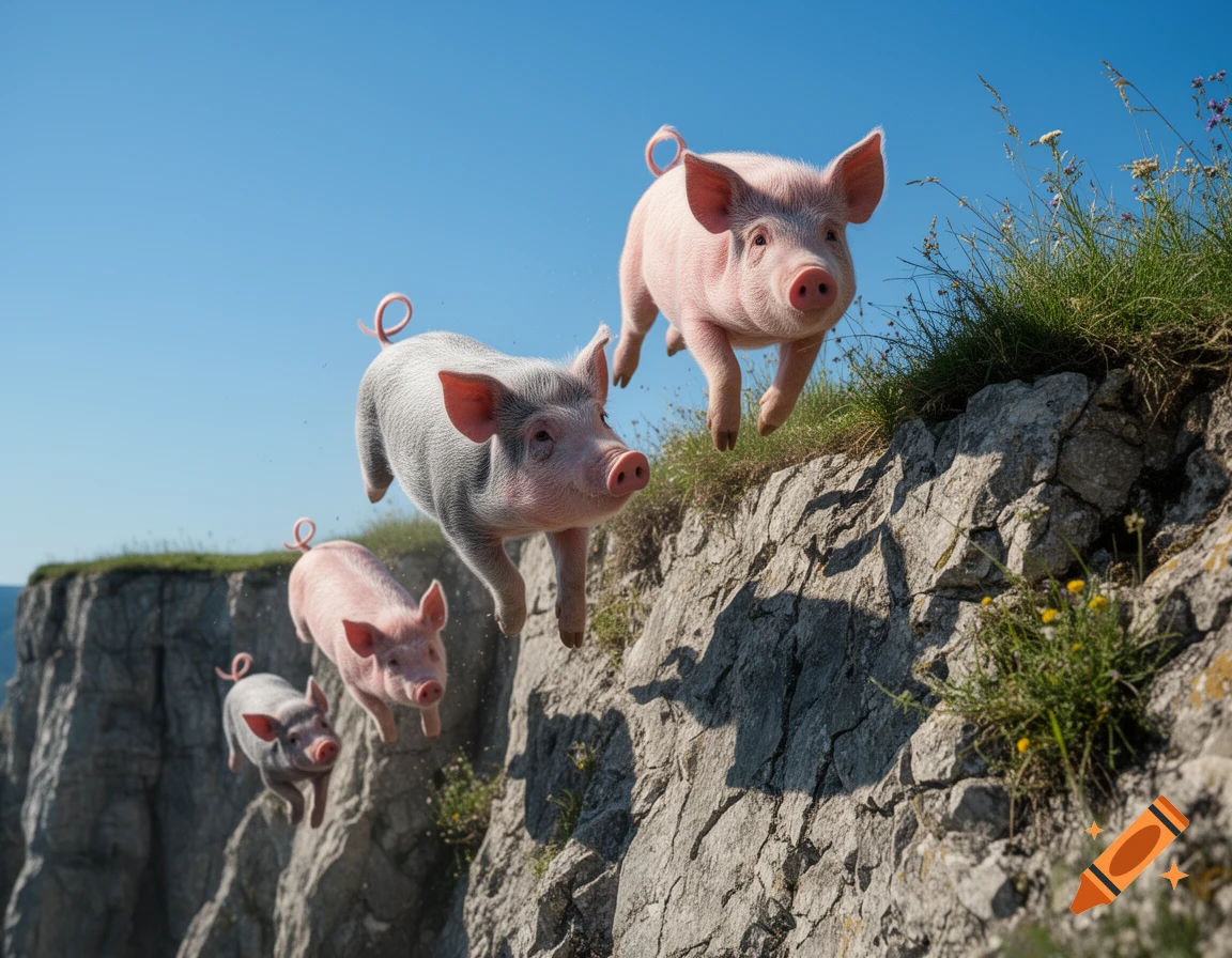 Several pink and grey piglets appear to be flying or falling off a rocky cliff face under a clear blue sky.