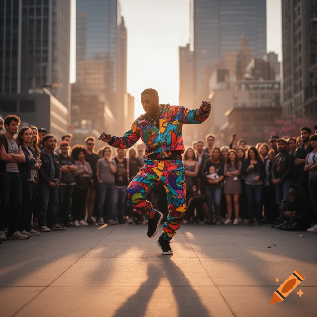 A man in a vibrant, multi-colored jumpsuit dances in a city street at sunset, watched by a blurred crowd.