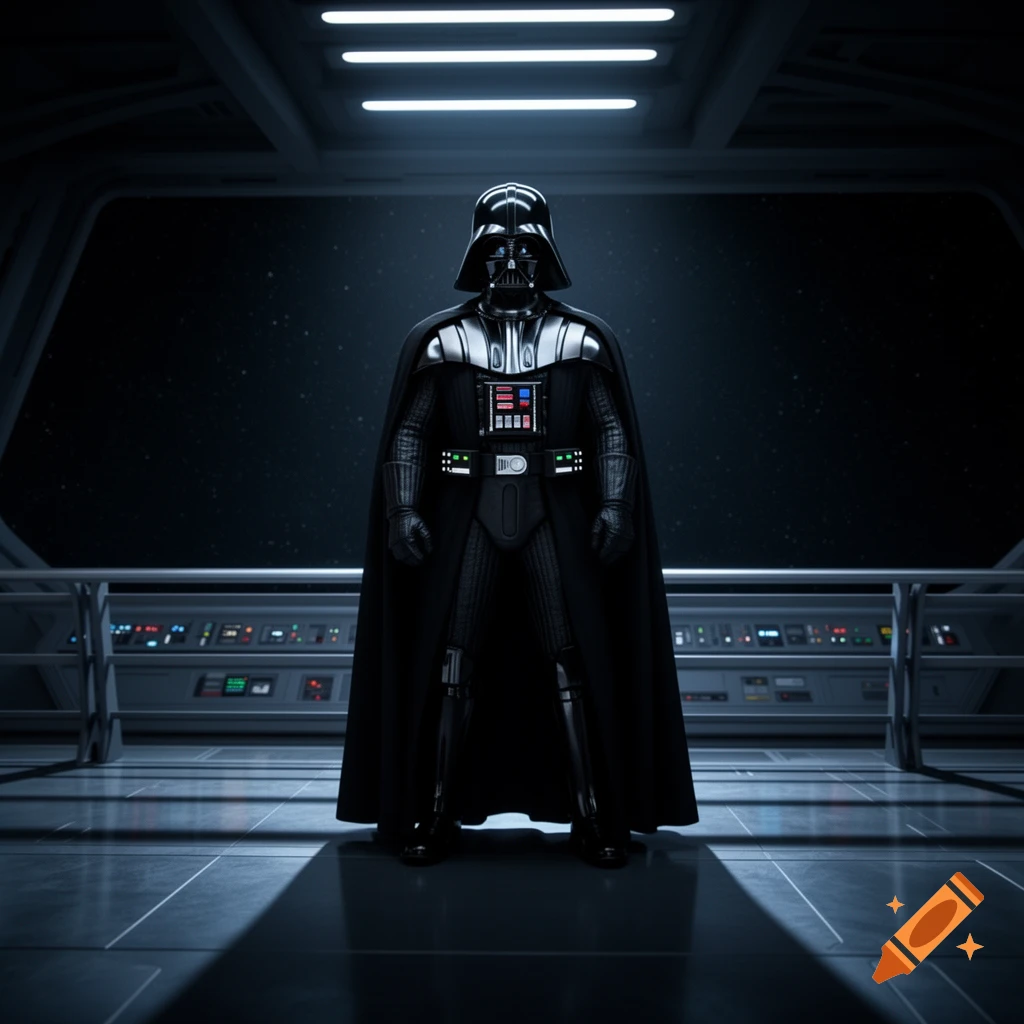 Darth Vader stands centrally in a dark, futuristic spaceship bridge, looking out at a starry void through a large window. Photorealistic style.
