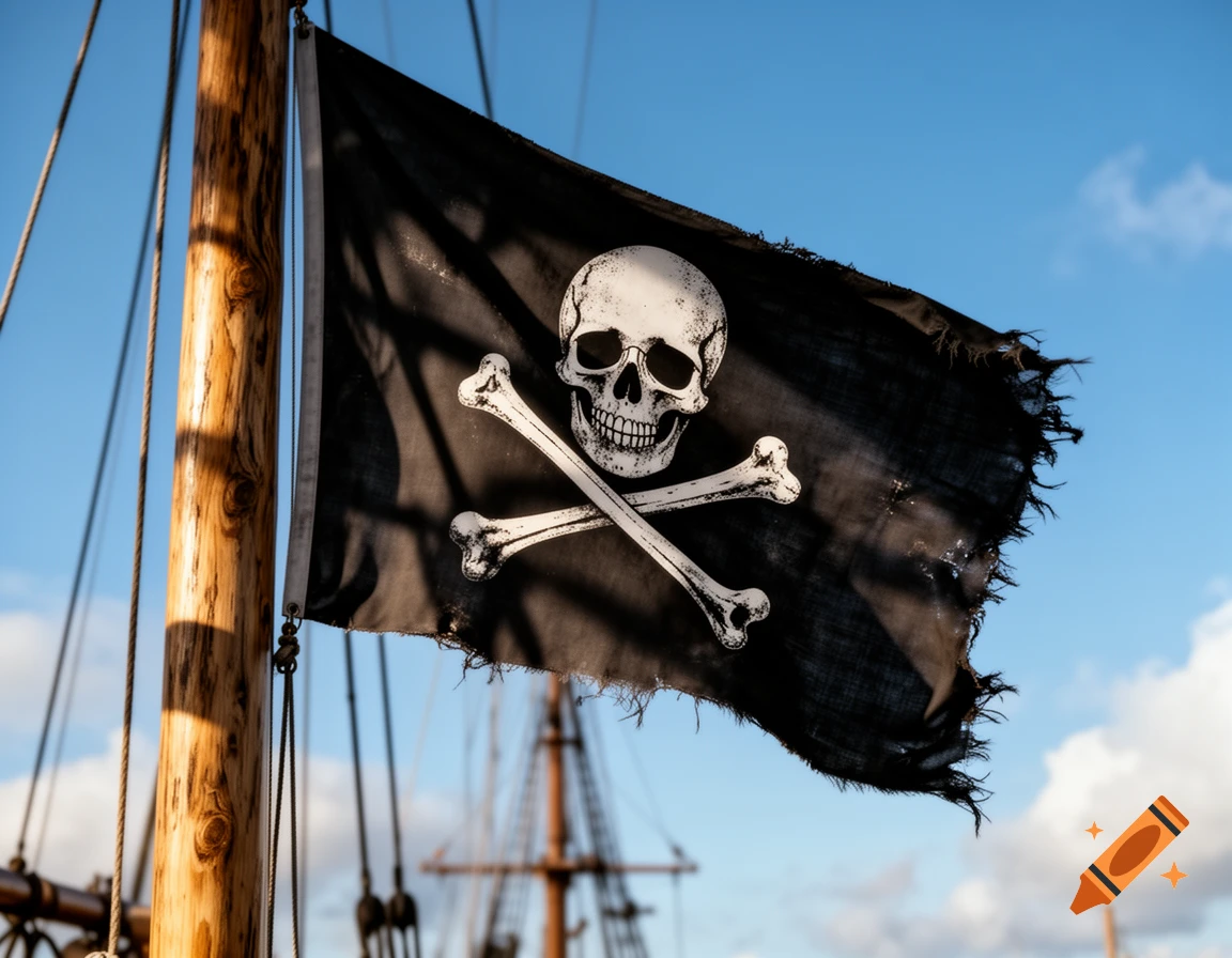 A tattered Jolly Roger flag, featuring a white skull and crossbones on a black background, flies on a wooden mast against a clear blue sky. Ship rigging is visible in the background.