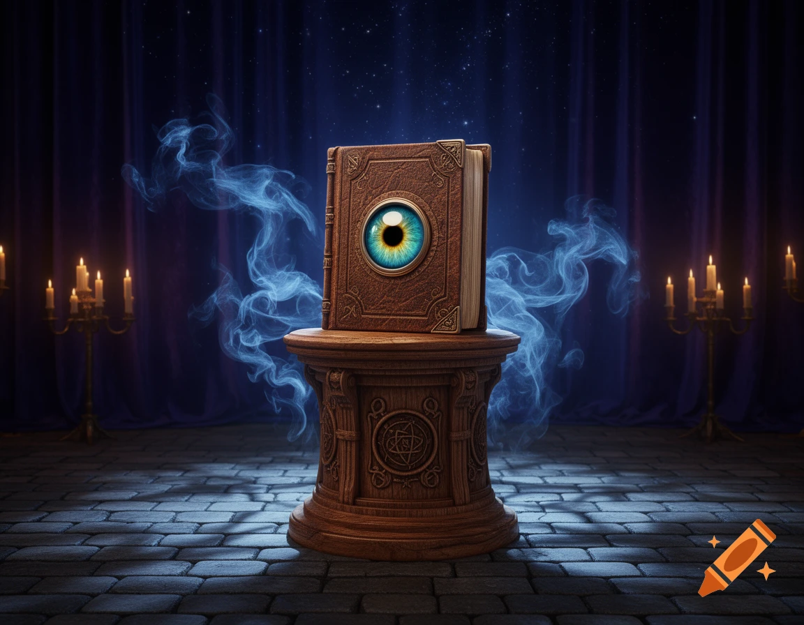 A magical brown book with a glossy blue eyeball on its cover sits on a stone pedestal, emanating blue smoke in a dark, candlelit fantasy room.