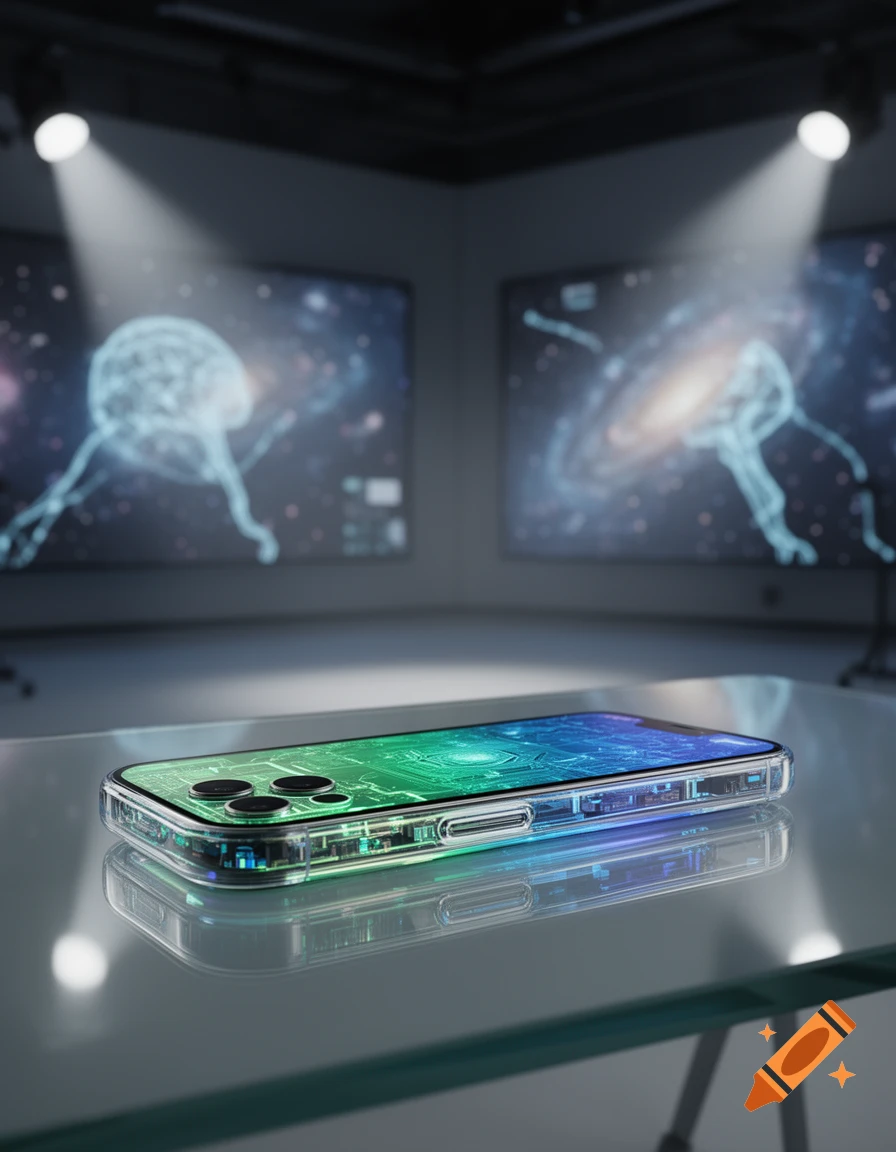 A transparent iPhone with glowing circuit board design lies on a glass table, illuminated by spotlights, with sci-fi screens in the background.