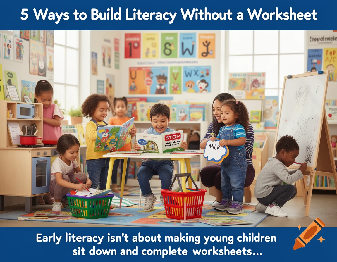 A diverse group of young children and an adult engage in literacy activities in a colorful classroom, reading books and drawing.