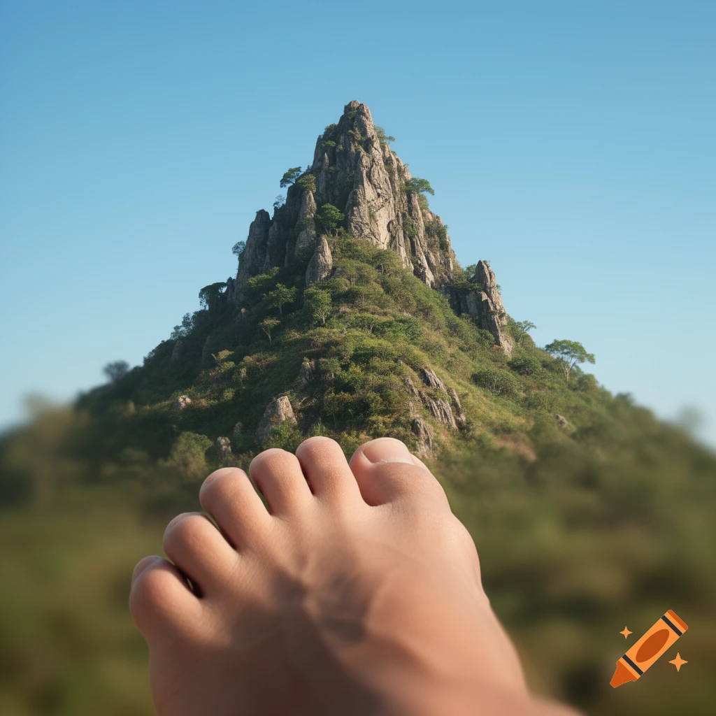 A human foot in sharp focus, foregrounding a blurred, rocky green mountain under a blue sky, creating a surreal forced perspective.